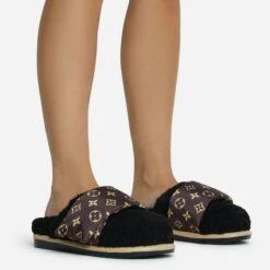 EGO Pillow-Talk Printed Velcro Strap Closed Toe Slip-On Flat Mule In Black Faux Shearling