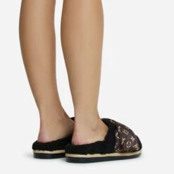 EGO Pillow-Talk Printed Velcro Strap Closed Toe Slip-On Flat Mule In Black Faux Shearling -EGO Sales 28 10 22 fw23811 sq