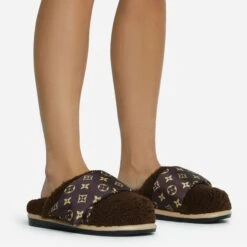 EGO Pillow-Talk Printed Velcro Strap Closed Toe Slip-On Flat Mule In Brown Faux Shearling