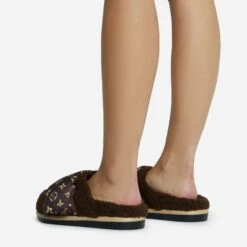 EGO Pillow-Talk Printed Velcro Strap Closed Toe Slip-On Flat Mule In Brown Faux Shearling -EGO Sales 28 10 22 fw23815 sq 1