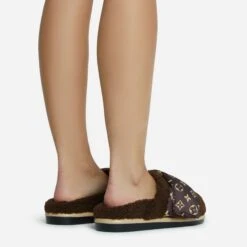 EGO Pillow-Talk Printed Velcro Strap Closed Toe Slip-On Flat Mule In Brown Faux Shearling -EGO Sales 28 10 22 fw23816 sq 1
