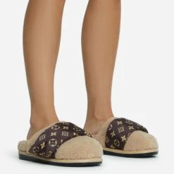EGO Pillow-Talk Printed Velcro Strap Closed Toe Slip-On Flat Mule In Nude Faux Shearling