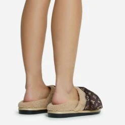 EGO Pillow-Talk Printed Velcro Strap Closed Toe Slip-On Flat Mule In Nude Faux Shearling -EGO Sales 28 10 22 fw23820 sq 1