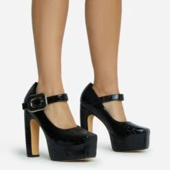 EGO Roundabout Buckle Detail Closed Square Toe Platform Curved Block Heel In Black Croc Print Faux Leather