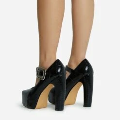 EGO Roundabout Buckle Detail Closed Square Toe Platform Curved Block Heel In Black Croc Print Faux Leather -EGO Sales 28 10 22 fw23851 sq