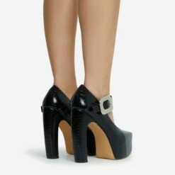 EGO Roundabout Buckle Detail Closed Square Toe Platform Curved Block Heel In Black Croc Print Faux Leather -EGO Sales 28 10 22 fw23852 sq