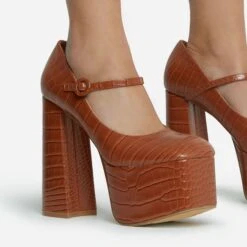 EGO Up-In-The-Air Closed Square Toe Statement Platform Block Heel In Tan Brown Croc Print Faux Leather