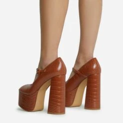 EGO Up-In-The-Air Closed Square Toe Statement Platform Block Heel In Tan Brown Croc Print Faux Leather -EGO Sales 28 10 22 fw23861 sq