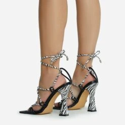 EGO Rosheen Lace Up Strappy Square Toe Flared Block Heel In Zebra Print Faux Leather -EGO Sales 28 10 22 fw23876 sq