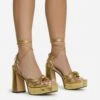 EGO Pink-Lady Lace Up Knotted Strap Detail Platform Block Heel In Gold Faux Leather -EGO Sales 28 10 22 fw23878 sq