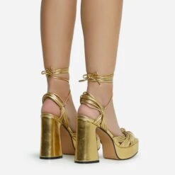 EGO Pink-Lady Lace Up Knotted Strap Detail Platform Block Heel In Gold Faux Leather -EGO Sales 28 10 22 fw23882 sq