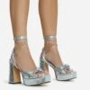 EGO Pink-Lady Lace Up Knotted Strap Detail Platform Block Heel In Silver Faux Leather -EGO Sales 28 10 22 fw23883 sq