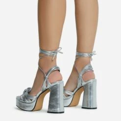 EGO Pink-Lady Lace Up Knotted Strap Detail Platform Block Heel In Silver Faux Leather -EGO Sales 28 10 22 fw23886 sq