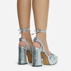 EGO Pink-Lady Lace Up Knotted Strap Detail Platform Block Heel In Silver Faux Leather -EGO Sales 28 10 22 fw23887 sq