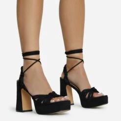 EGO Pink-Lady Lace Up Knotted Strap Detail Platform Block Heel In Black Faux Suede