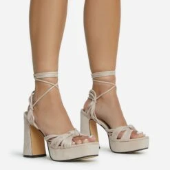 EGO Pink-Lady Lace Up Knotted Strap Detail Platform Block Heel In Nude Faux Suede