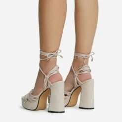 EGO Pink-Lady Lace Up Knotted Strap Detail Platform Block Heel In Nude Faux Suede -EGO Sales 28 10 22 fw23896 sq