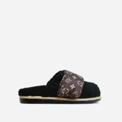 EGO Pillow-Talk Printed Velcro Strap Closed Toe Slip-On Flat Mule In Black Faux Shearling -EGO Sales 28 10 22 fw23961 sq