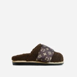 EGO Pillow-Talk Printed Velcro Strap Closed Toe Slip-On Flat Mule In Brown Faux Shearling -EGO Sales 28 10 22 fw23962 sq