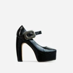 EGO Roundabout Buckle Detail Closed Square Toe Platform Curved Block Heel In Black Croc Print Faux Leather -EGO Sales 28 10 22 fw23977 sq