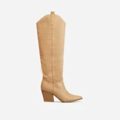 EGO Bulldoze Embroidered Detail Pointed Toe Block Heel Knee High Western Cowboy Long Boot In Camel Faux Suede 11 EGO Bulldoze Embroidered Detail Pointed Toe Block Heel Knee High Western Cowboy Long Boot In Camel Faux Suede -EGO Sales 28 10 22 fw24003 sq