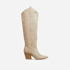 EGO Bulldoze Embroidered Detail Pointed Toe Block Heel Knee High Western Cowboy Long Boot In Khaki Nude Faux Suede -EGO Sales 28 10 22 fw24004 sq