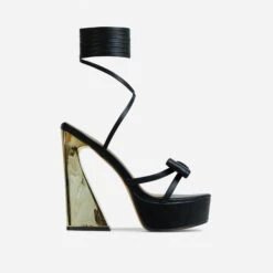 EGO Driving-Me-Crazy Lace Up Bow Detail Platform Metallic Flared Block Heel In Black Faux Leather -EGO Sales 28 10 22 fw24012 sq