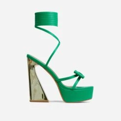EGO Driving-Me-Crazy Lace Up Bow Detail Platform Metallic Flared Block Heel In Green Faux Leather -EGO Sales 28 10 22 fw24013 sq