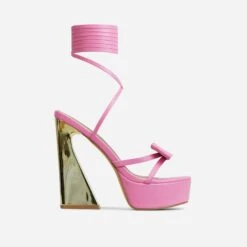EGO Driving-Me-Crazy Lace Up Bow Detail Platform Metallic Flared Block Heel In Pink Faux Leather -EGO Sales 28 10 22 fw24016 sq