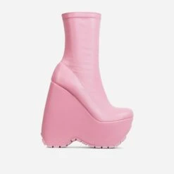 EGO Hellsing Square Toe Chunky Platform Wedge Ankle Sock Boot In Pink Faux Leather -EGO Sales 28 10 22 fw24029 sq