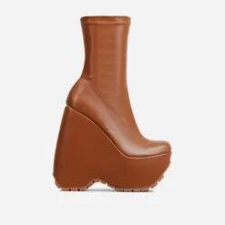 EGO Hellsing Square Toe Chunky Platform Wedge Ankle Sock Boot In Tan Brown Faux Leather 11 EGO Hellsing Square Toe Chunky Platform Wedge Ankle Sock Boot In Tan Brown Faux Leather -EGO Sales 28 10 22 fw24031 sq