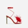 EGO Flamingo Lace Up Faux Feather Detail Square Toe Metallic Thin Block Heel In Red Faux Leather -EGO Sales 28 10 22 fw24035 sq