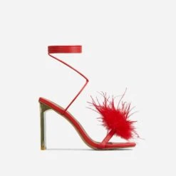 EGO Flamingo Lace Up Faux Feather Detail Square Toe Metallic Thin Block Heel In Red Faux Leather