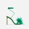 EGO Flamingo Lace Up Faux Feather Detail Square Toe Metallic Thin Block Heel In Green Faux Leather -EGO Sales 28 10 22 fw24038 sq