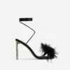 EGO Flamingo Lace Up Faux Feather Detail Square Toe Metallic Thin Block Heel In Black Faux Leather -EGO Sales 28 10 22 fw24039 sq