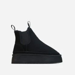 EGO Spiced-Chai Elasticated Detail Platform Sole Faux Fur Lining Ankle Boot In Black Faux Suede -EGO Sales 28 10 22 fw24046 sq