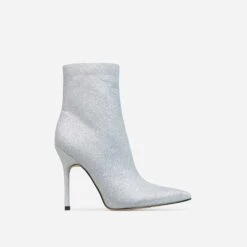 EGO Devoted Pointed Toe Stiletto Heel Ankle Boot In Silver Glitter -EGO Sales 28 10 22 fw24051 sq