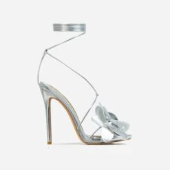 EGO Blooming Lace Up Flower Detail Platform Stiletto Heel In Silver Faux Leather -EGO Sales 28 10 22 fw24060 sq