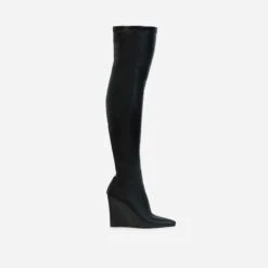 EGO Fired-Up Pointed Toe Wedge Heel Over The Knee Thigh High Sock Boot In Black Faux Leather -EGO Sales 28 10 22 fw24146 sq 1