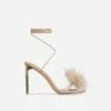 EGO Flamingo Lace Up Faux Feather Detail Square Toe Metallic Thin Block Heel In Nude Faux Leather -EGO Sales 28 10 22 fw24150 sq