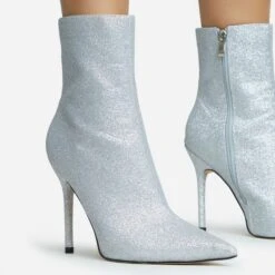 EGO Devoted Pointed Toe Stiletto Heel Ankle Boot In Silver Glitter -EGO Sales 28 10 22 fw25826 sq
