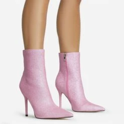 EGO Devoted Pointed Toe Stiletto Heel Ankle Boot In Pink Glitter