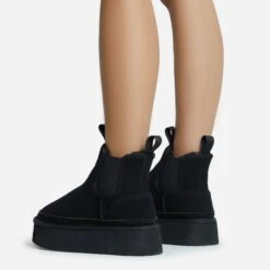 EGO Spiced-Chai Elasticated Detail Platform Sole Faux Fur Lining Ankle Boot In Black Faux Suede -EGO Sales 28 10 22 fw25847 sb2