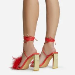EGO Flamingo Lace Up Faux Feather Detail Square Toe Metallic Thin Block Heel In Red Faux Leather -EGO Sales 28 10 22 fw25867 sq