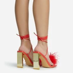 EGO Flamingo Lace Up Faux Feather Detail Square Toe Metallic Thin Block Heel In Red Faux Leather -EGO Sales 28 10 22 fw25868 sq