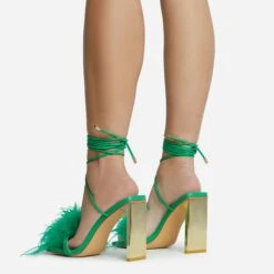 EGO Flamingo Lace Up Faux Feather Detail Square Toe Metallic Thin Block Heel In Green Faux Leather -EGO Sales 28 10 22 fw25872 sq