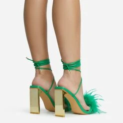 EGO Flamingo Lace Up Faux Feather Detail Square Toe Metallic Thin Block Heel In Green Faux Leather -EGO Sales 28 10 22 fw25873 sq
