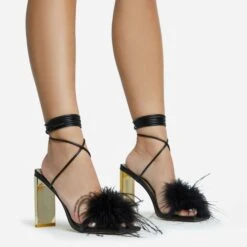 EGO Flamingo Lace Up Faux Feather Detail Square Toe Metallic Thin Block Heel In Black Faux Leather -EGO Sales 28 10 22 fw25874 sq