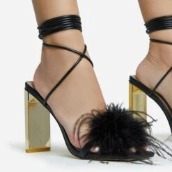 EGO Flamingo Lace Up Faux Feather Detail Square Toe Metallic Thin Block Heel In Black Faux Leather -EGO Sales 28 10 22 fw25876 sq