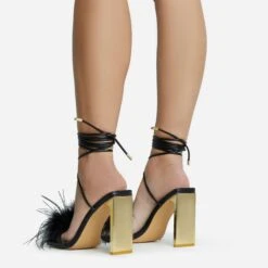 EGO Flamingo Lace Up Faux Feather Detail Square Toe Metallic Thin Block Heel In Black Faux Leather -EGO Sales 28 10 22 fw25877 sq
